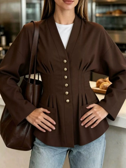 Pleated Waist Blouse with Button Detail
