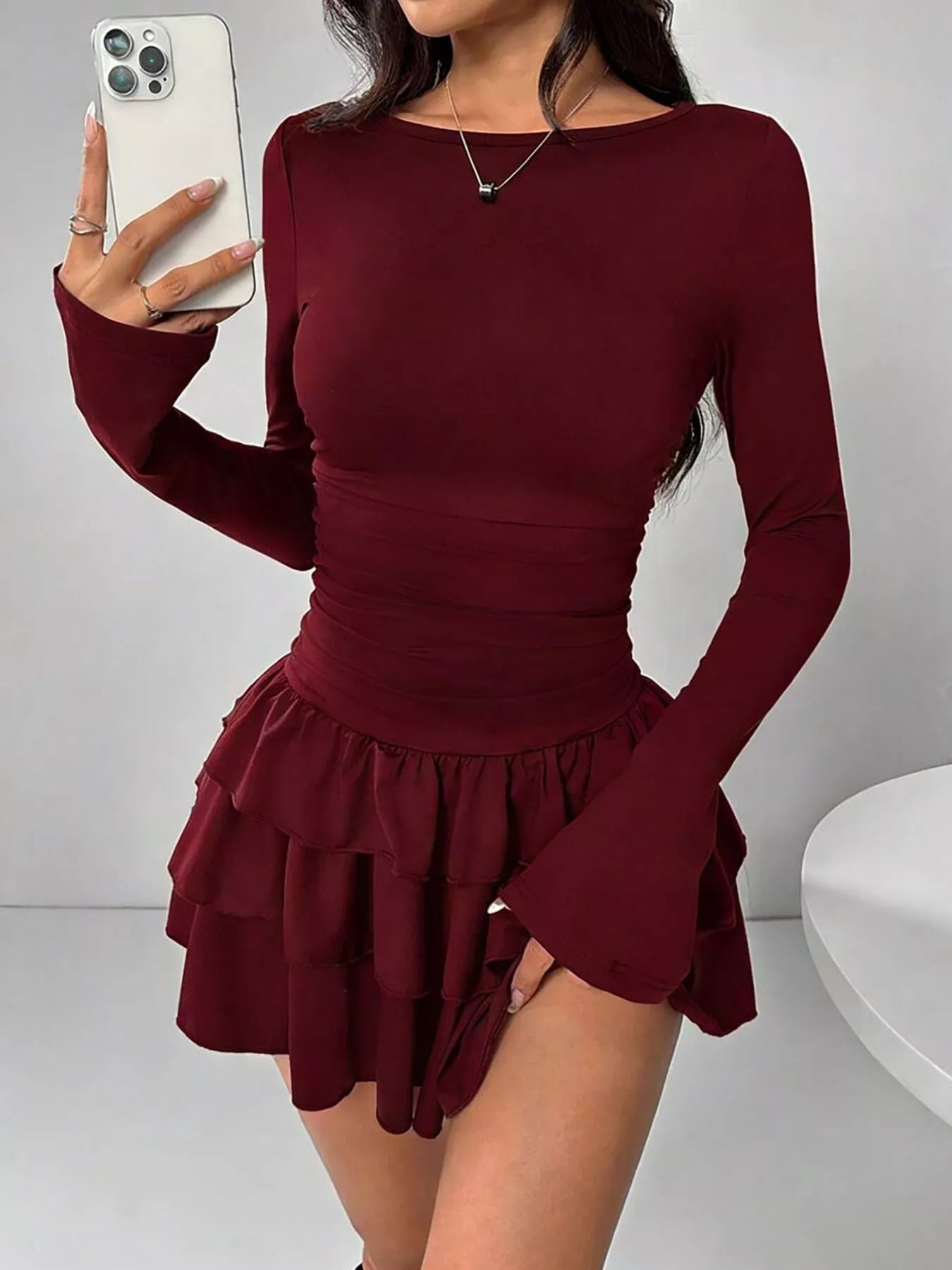 Elara's Ruched Long Sleeve Layered Ruffle Mini Dress