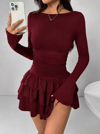 Elara's Ruched Long Sleeve Layered Ruffle Mini Dress