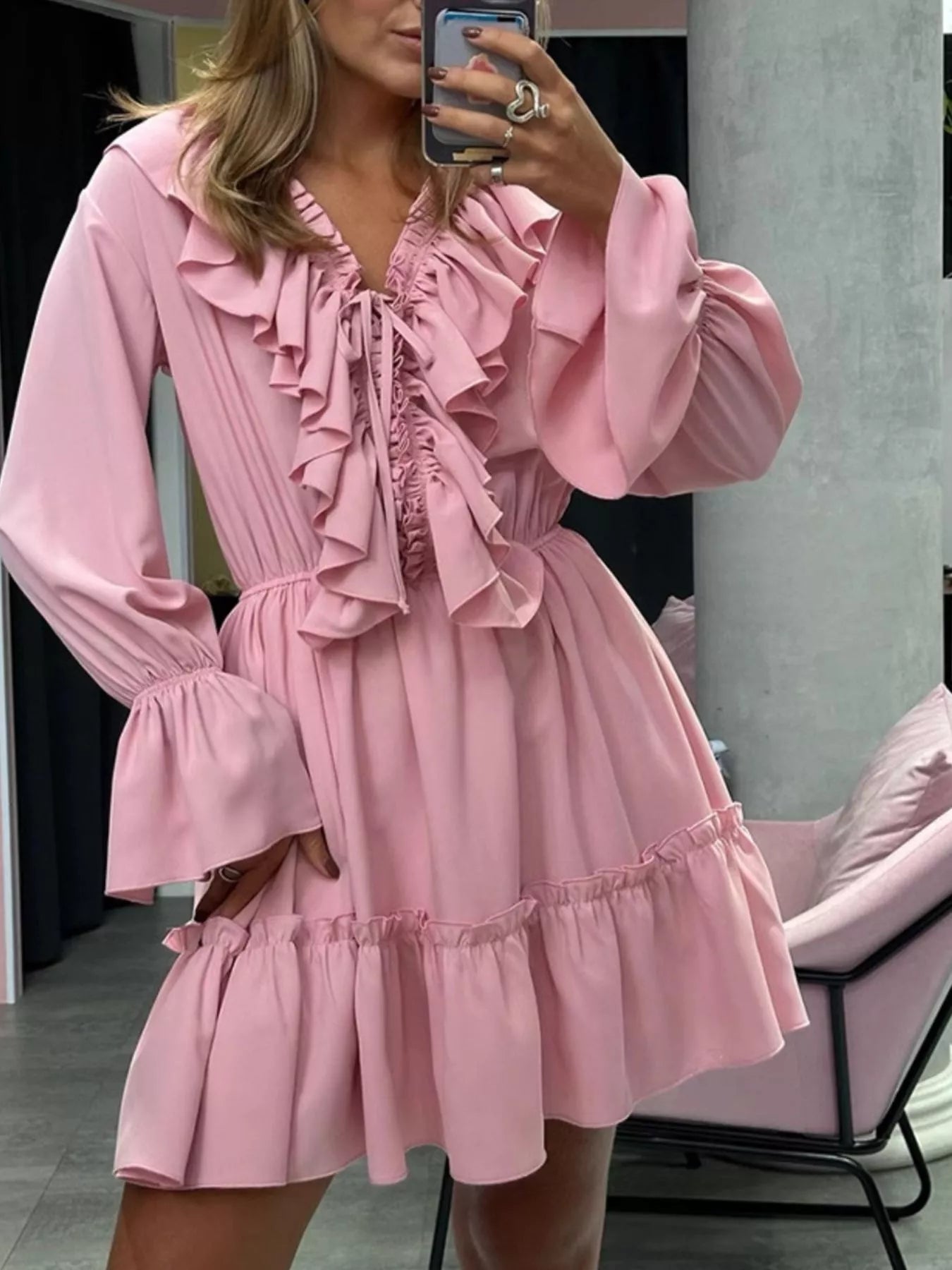 Ruffled V-Neck Long Sleeve Mini Dress