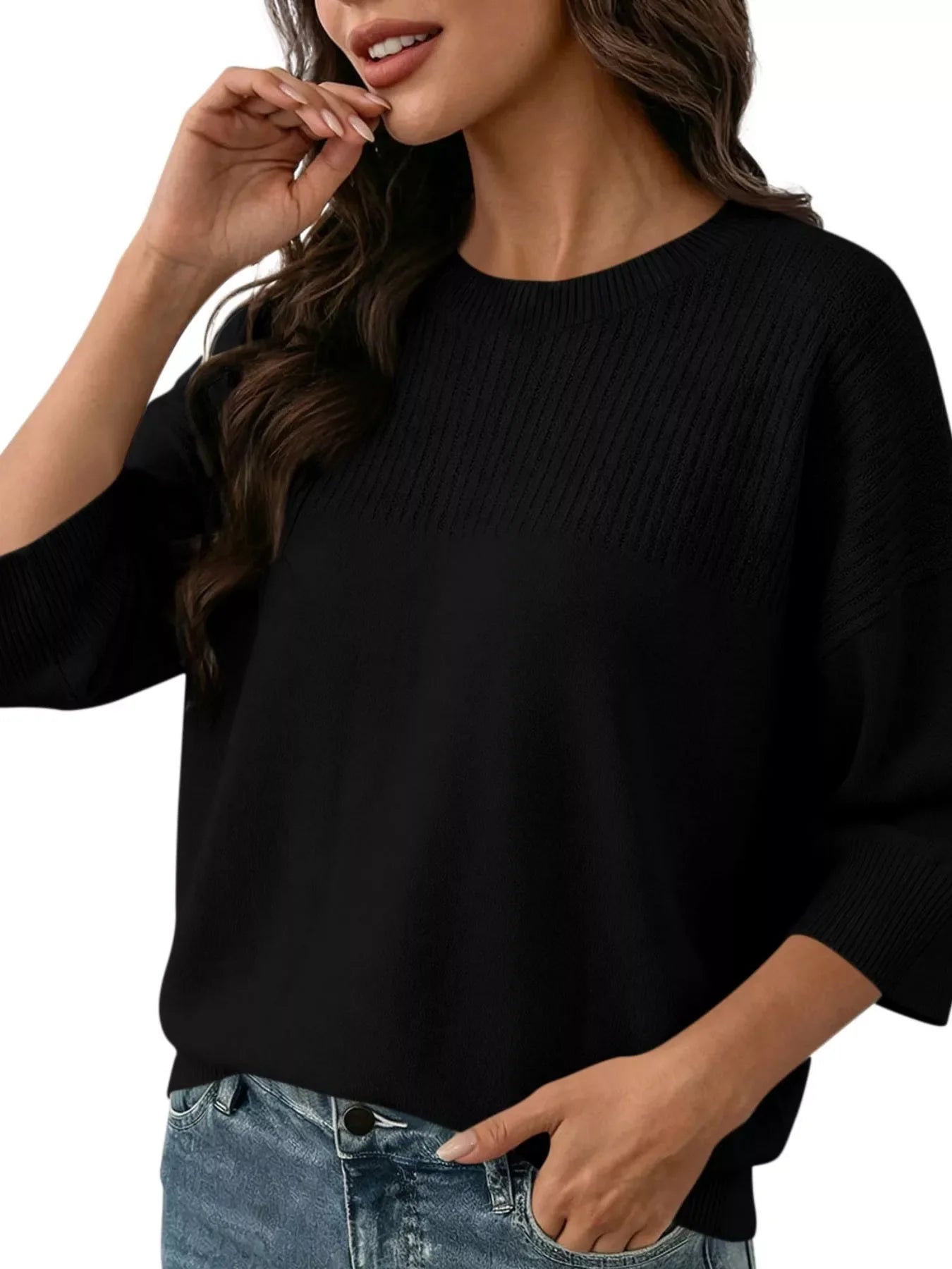 Elegant Crew Neck Eyelet Ribbed Sweater