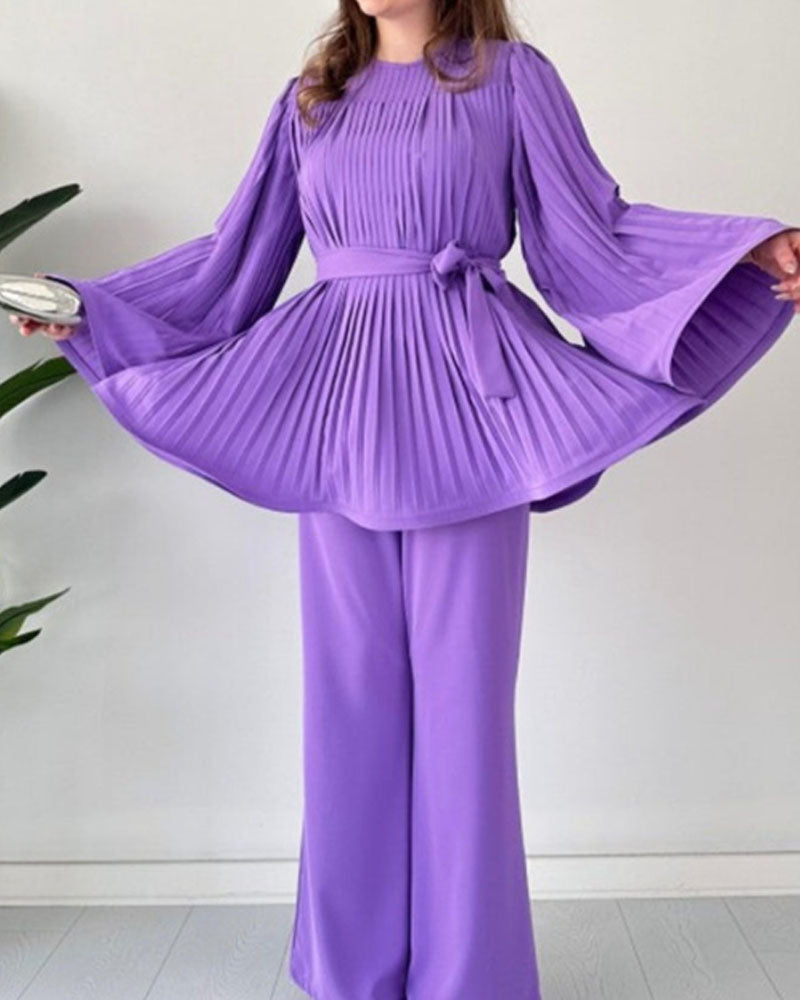 Fashion Round Neck Bat Sleeve Pleated Large Swing Top Suit