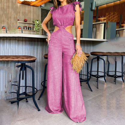 Summer round neck ruffled loose jumpsuit