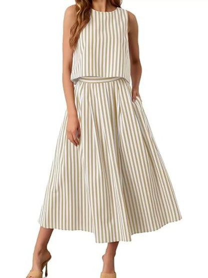 Striped Sleeveless Top and Midi Skirt Two-Piece Set