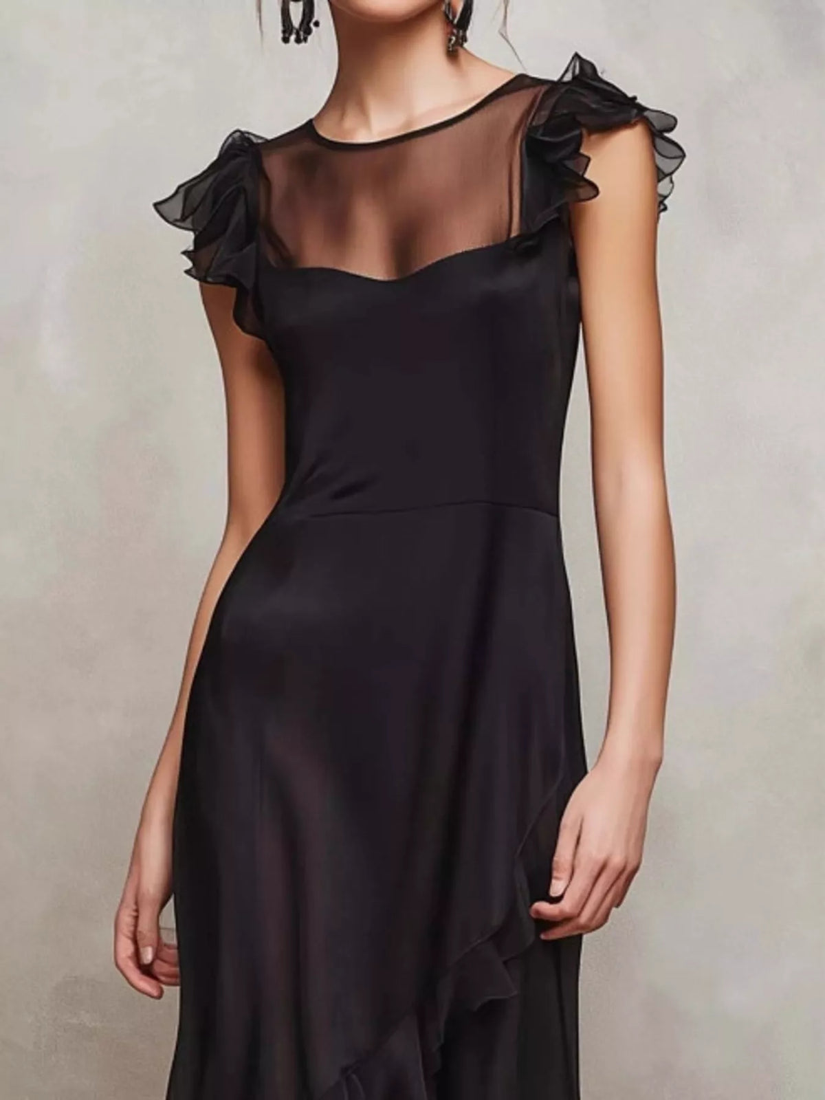 Sheer Ruffle Trim Maxi Dress | Black