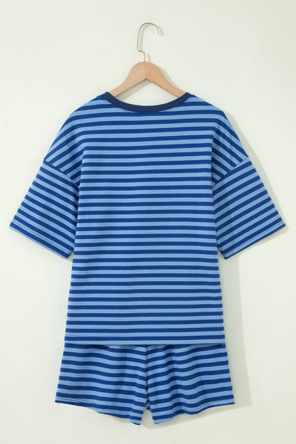 Green Stripe Striped Ribbed Cotton Two-Piece Pant Set with Chest Patch Detail