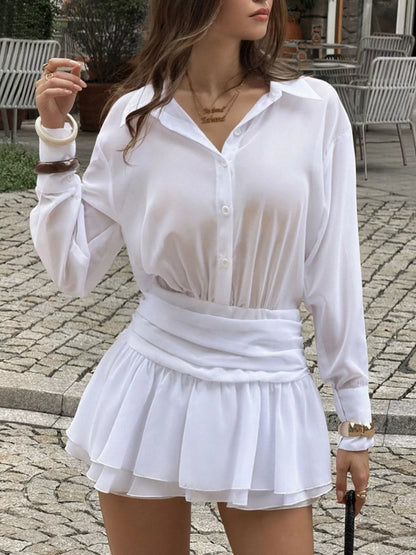 Ruched Waist Layered Ruffle Hem Shirt Dress