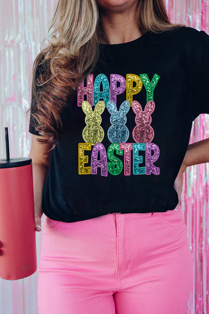 Black Glittering Bunny Happy Easter Graphic T Shirt