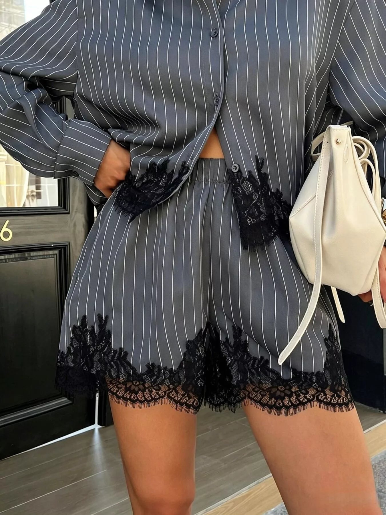 Lace Trim Striped Button-Down Shirt and Shorts Set
