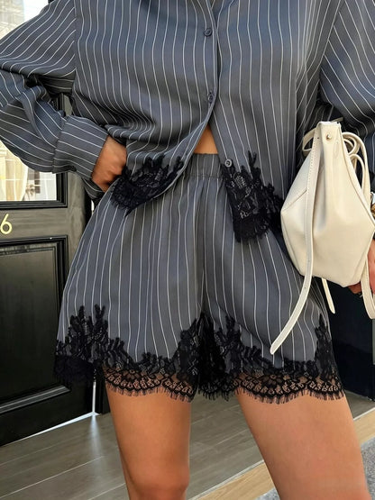 Lace Trim Striped Button-Down Shirt and Shorts Set