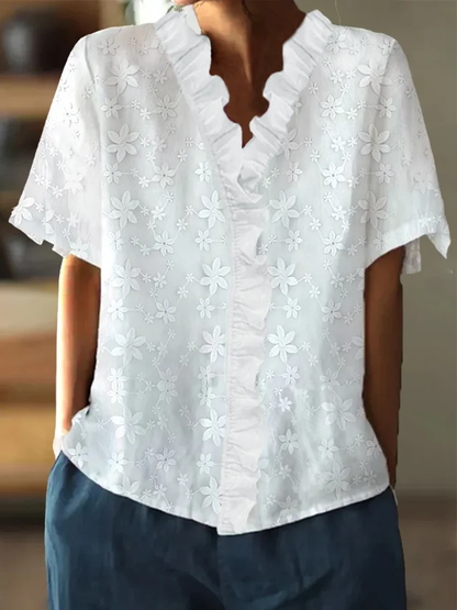 Ruffled Short-sleeved Embroideried Top