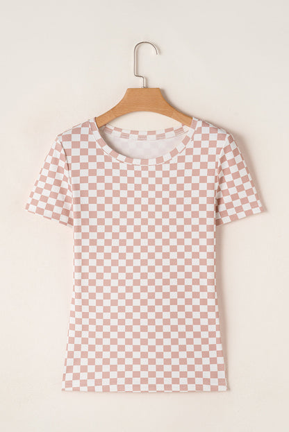 Pink Checkered Ribbed Slim Fit Crew Neck T Shirt