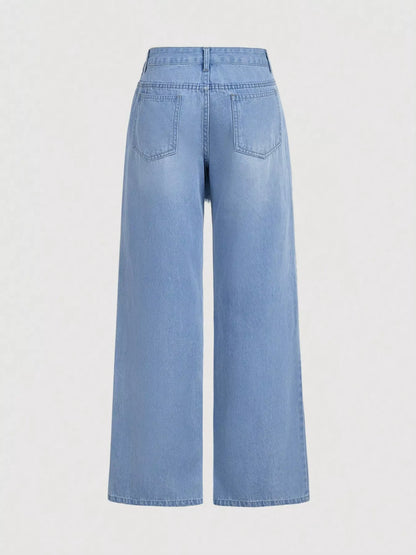 Asymmetric Raw Hem Wide-Leg Jeans