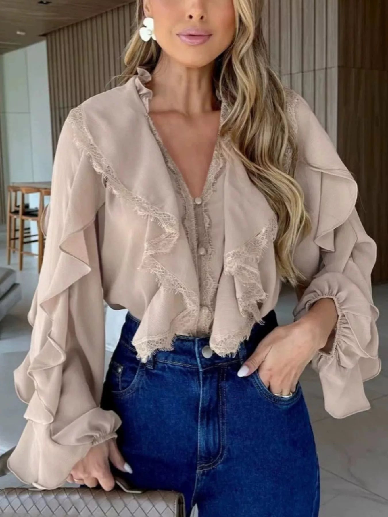 V-Neck Ruffled Lace Trim Blouse