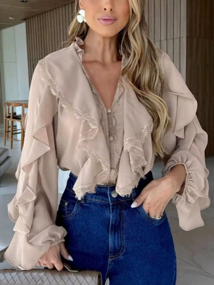 V-Neck Ruffled Lace Trim Blouse
