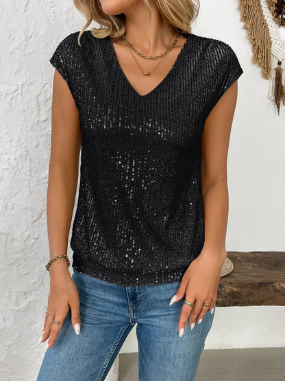 Sequin V-Neck Cap Sleeve Top