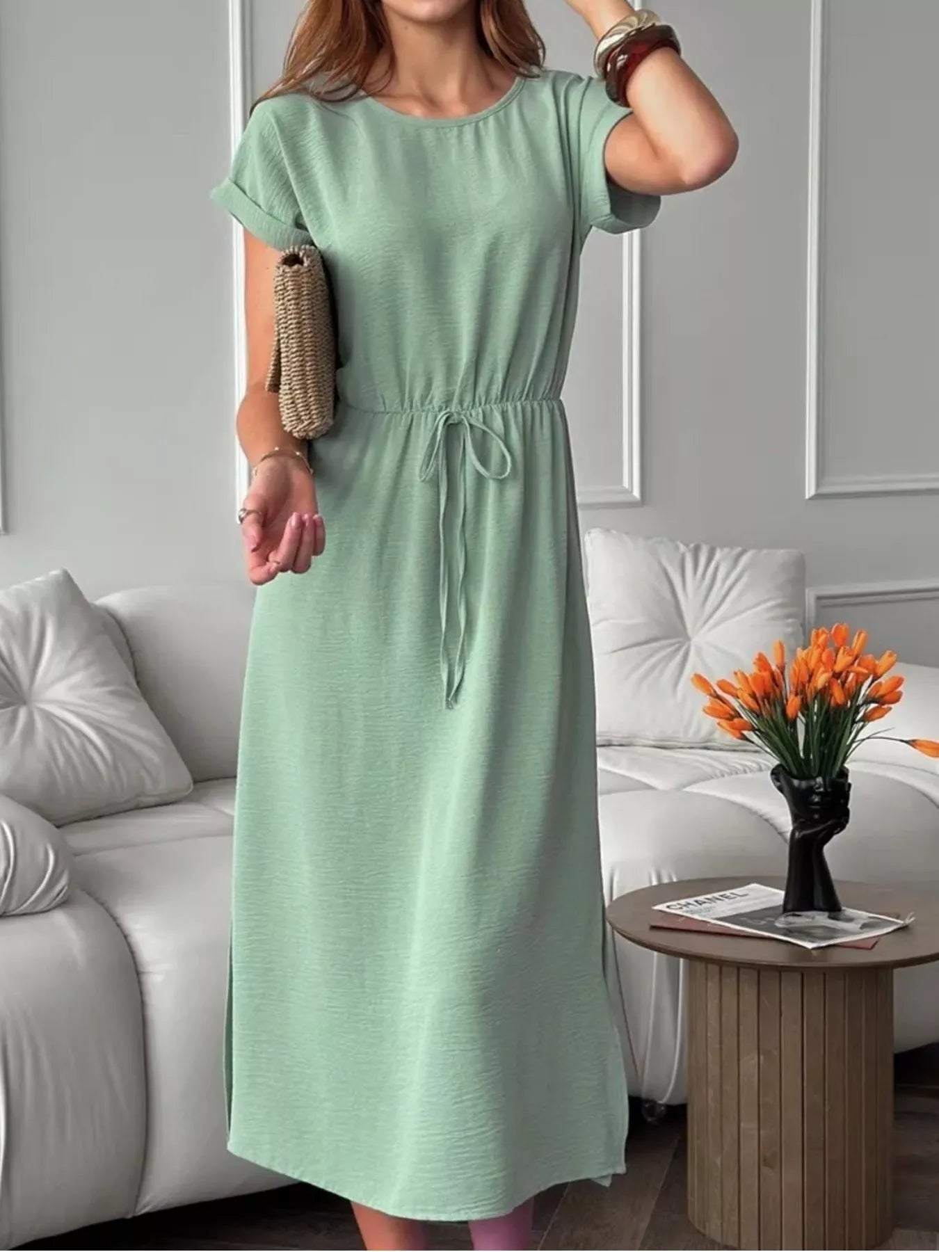 Casual Drawstring Waist Midi Dress