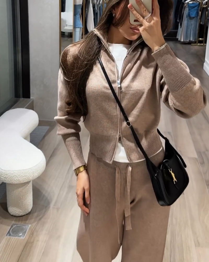 Casual Comfortable Solid Color Knitted Jacket & Pants Two-Piece Set