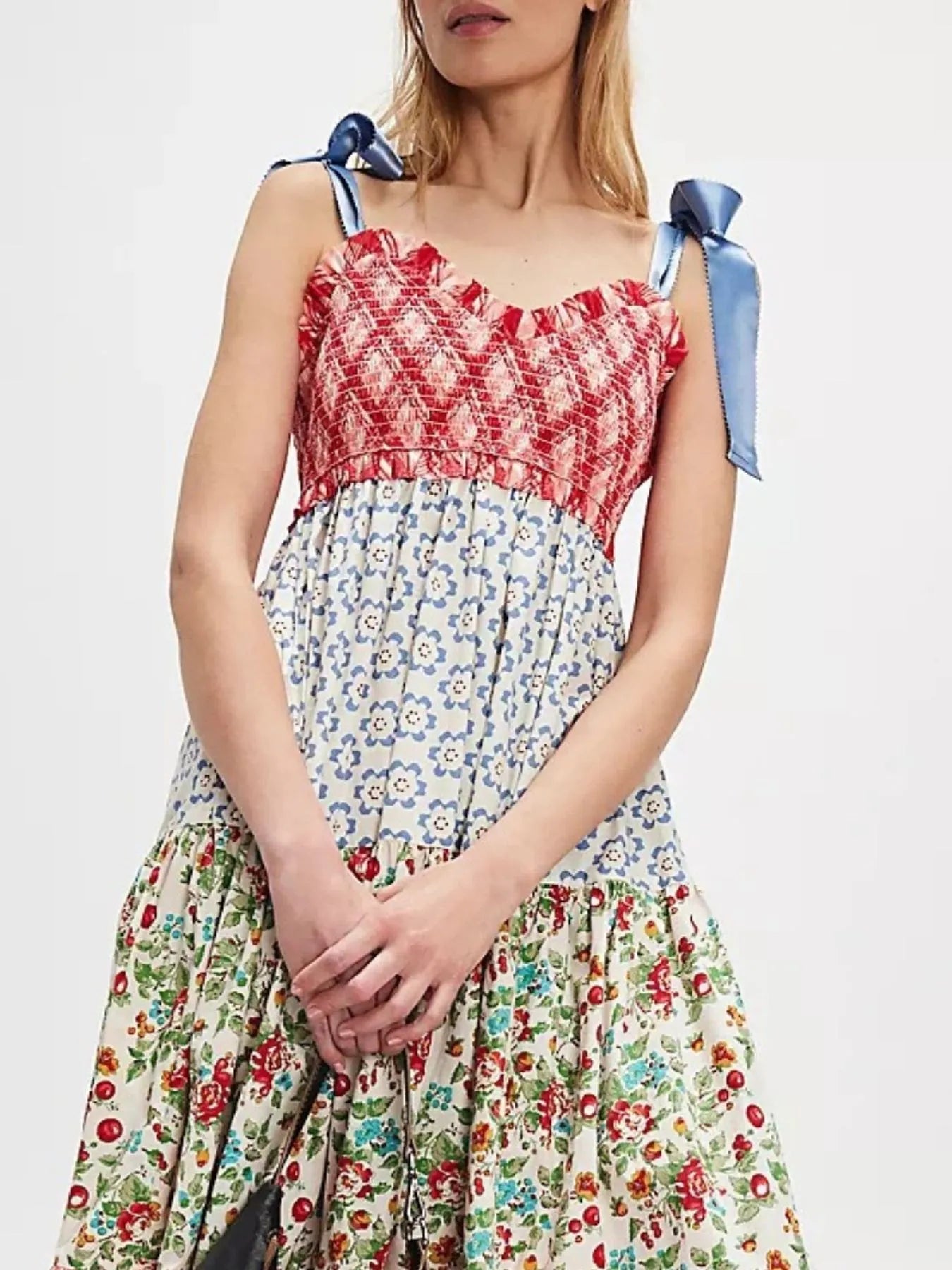 Smocked Tie Shoulder Printed Maxi Dress