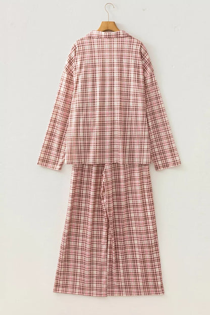 Plaid Patch Pockets Long Sleeve Lounge Set
