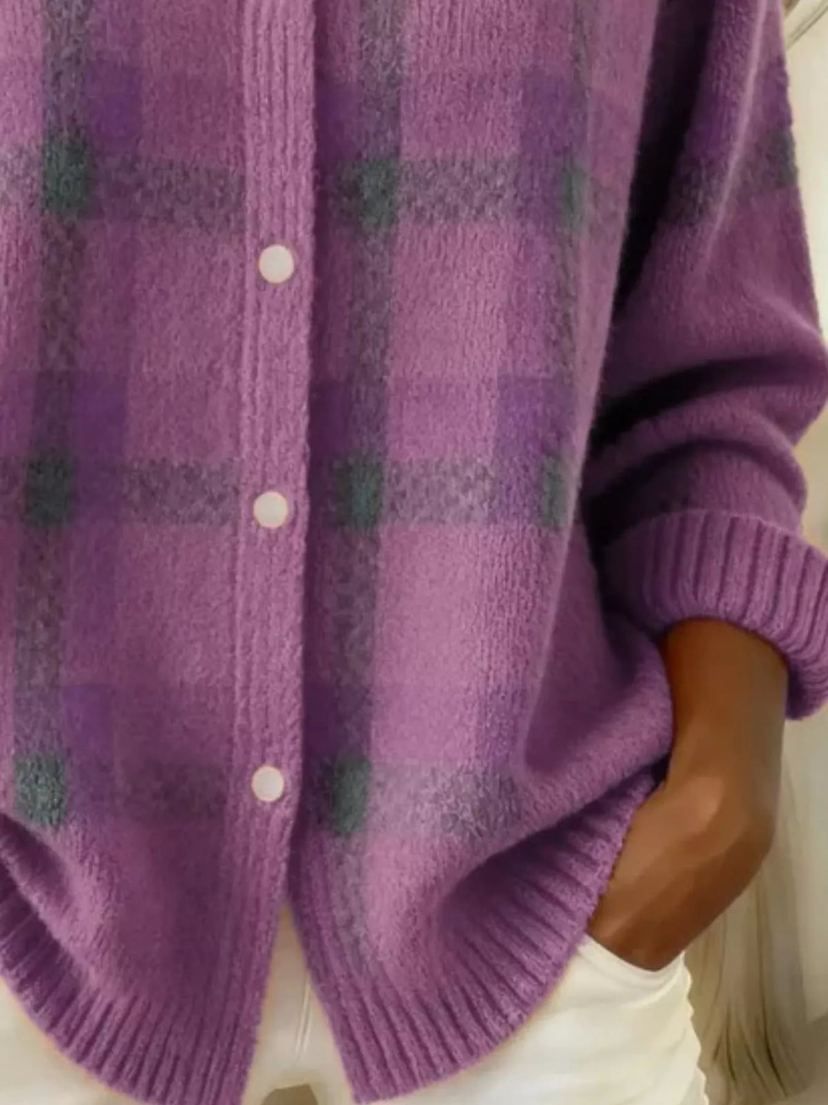 Full Size Plaid Button-Down Knit Cardigan Plus Size