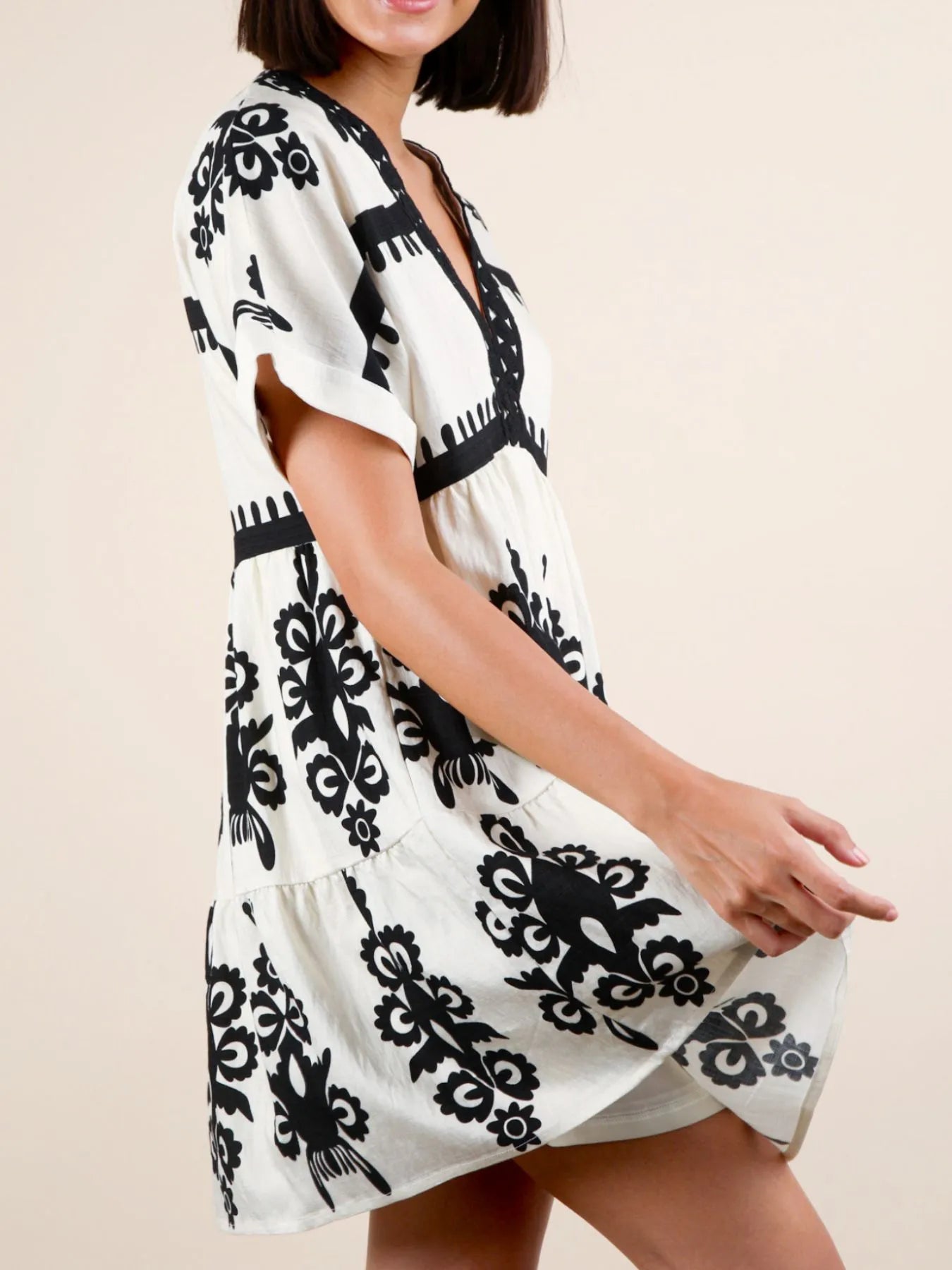 Printed V-Neck Short Sleeve Mini Dress