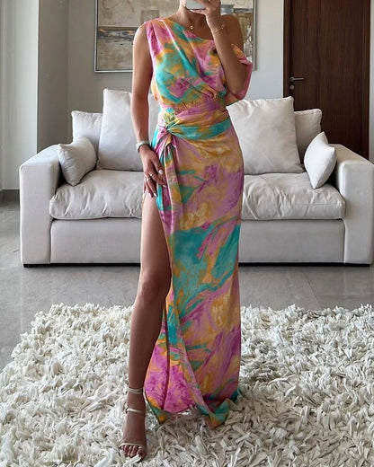 Elegant Open-Shoulder Print Dress