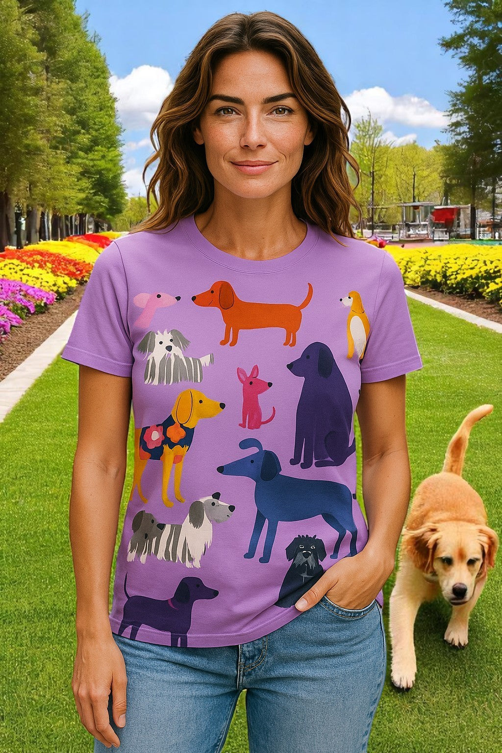 Animal Print Dog Pattern Casual Short Sleeve T-Shirt – Light Purple Fun for Summer!