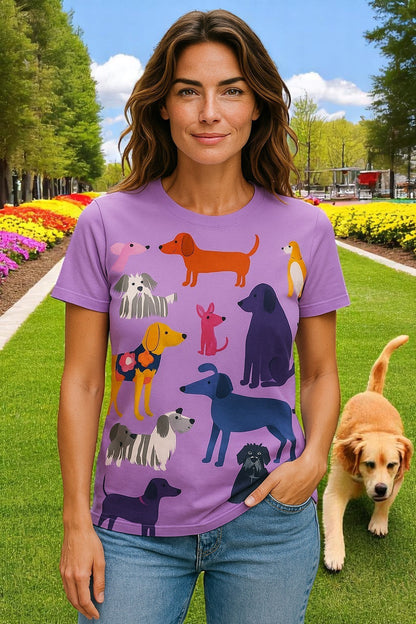 Animal Print Dog Pattern Casual Short Sleeve T-Shirt – Light Purple Fun for Summer!
