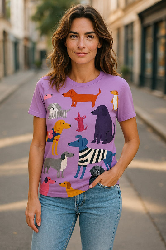 Animal Print Dog Pattern Casual Short Sleeve T-Shirt – Light Purple Fun for Summer!