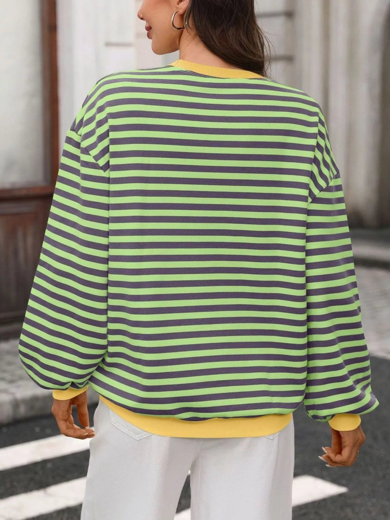 Contrast Trim Striped Crew Neck Sweatshirt