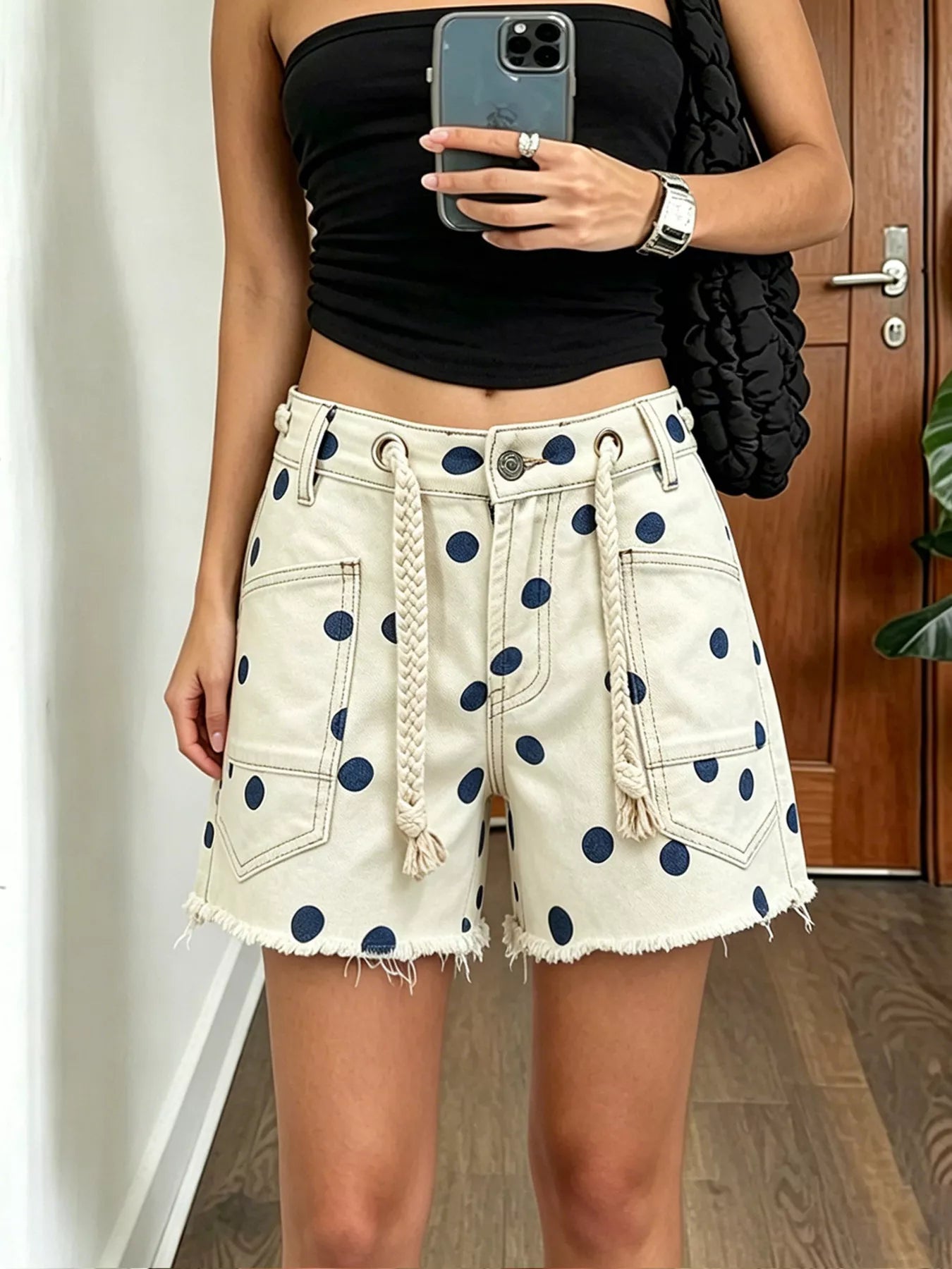Polka Dot Denim Shorts with Braided Drawstring