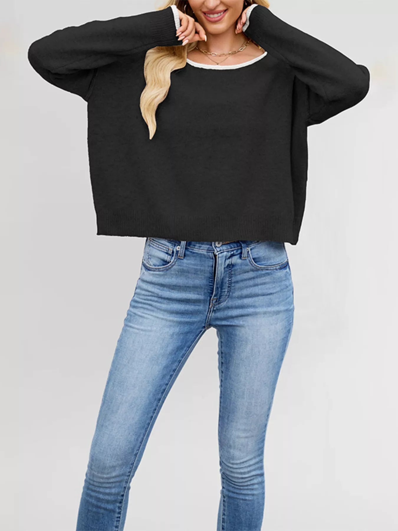 Contrast Trim Dropped Shoulder Sweater