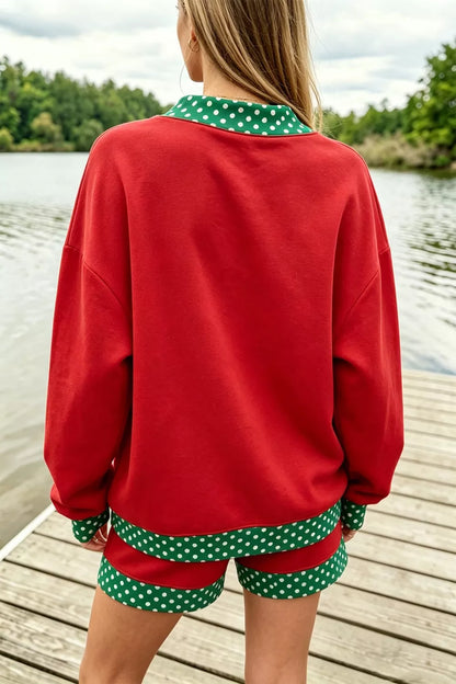 Polka Dot Trim Sweatshirt and Shorts Set