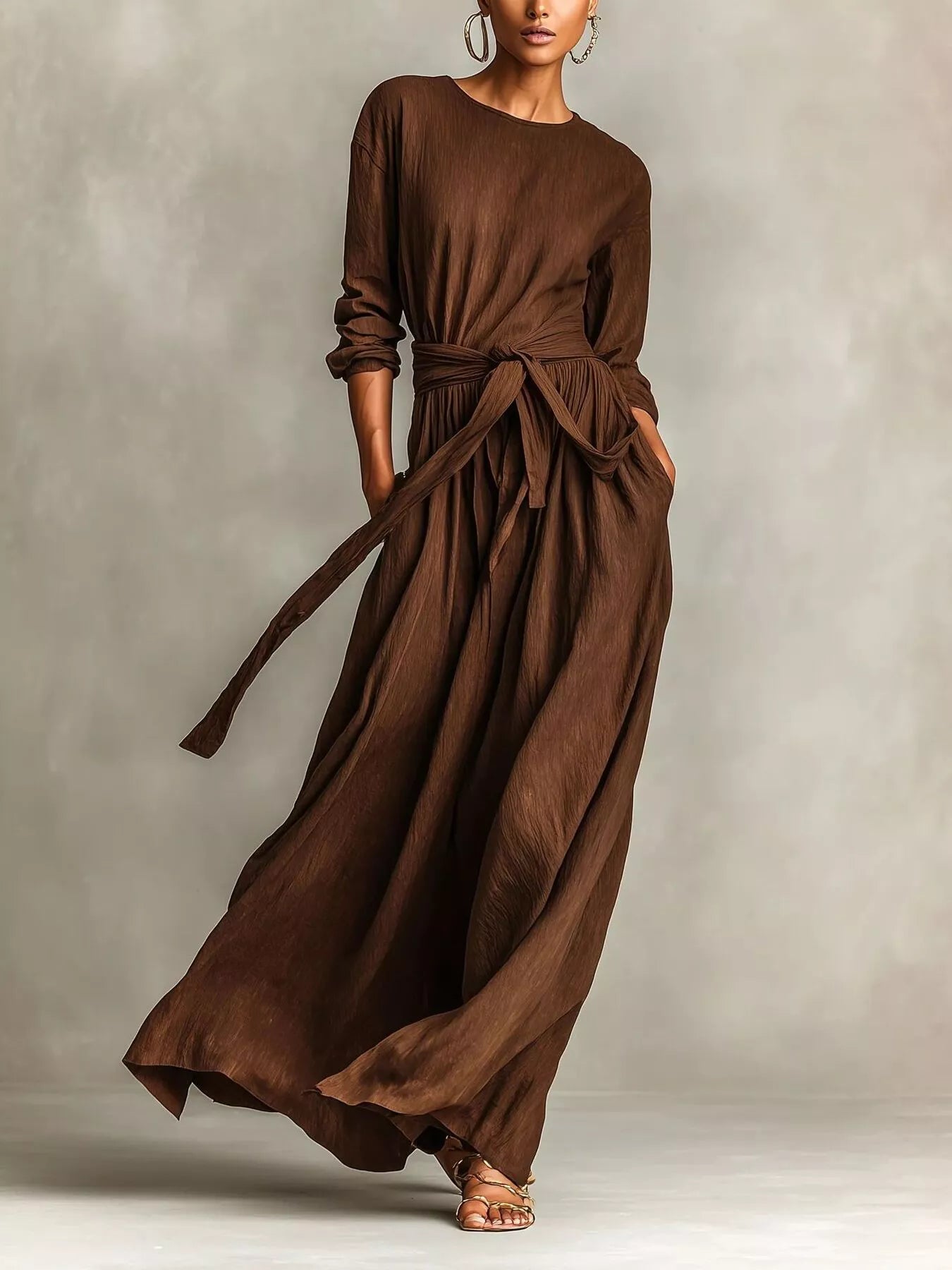 Full Size Long Sleeve Tie Waist Maxi Dress Plus Size