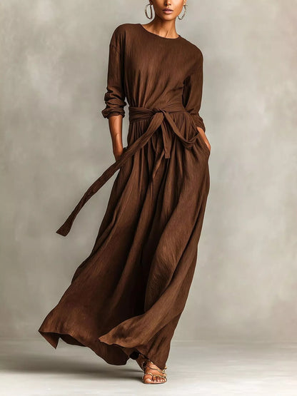 Full Size Long Sleeve Tie Waist Maxi Dress Plus Size