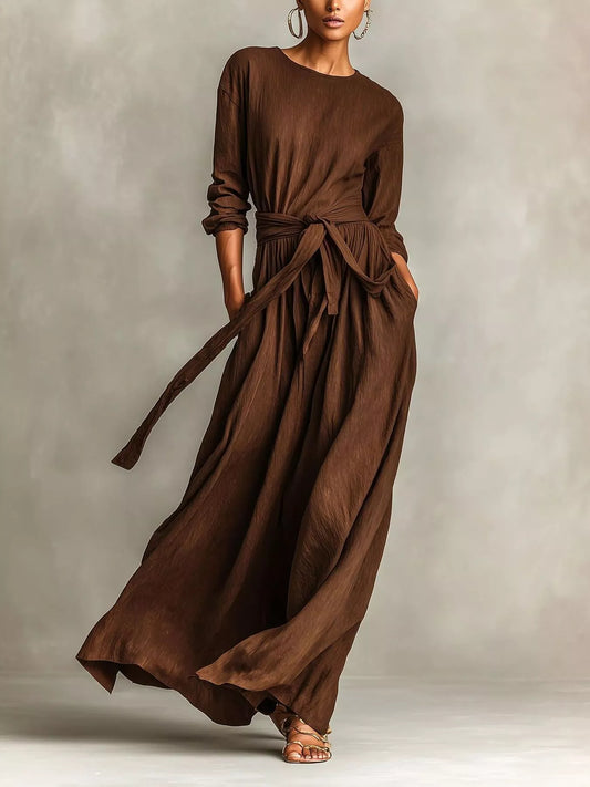 Full Size Long Sleeve Tie Waist Maxi Dress Plus Size
