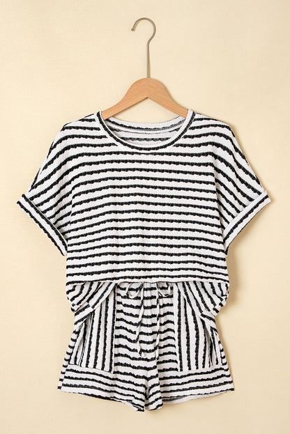 Black Stripe Knitted Short Sleeve Top and Drawstring Shorts Set