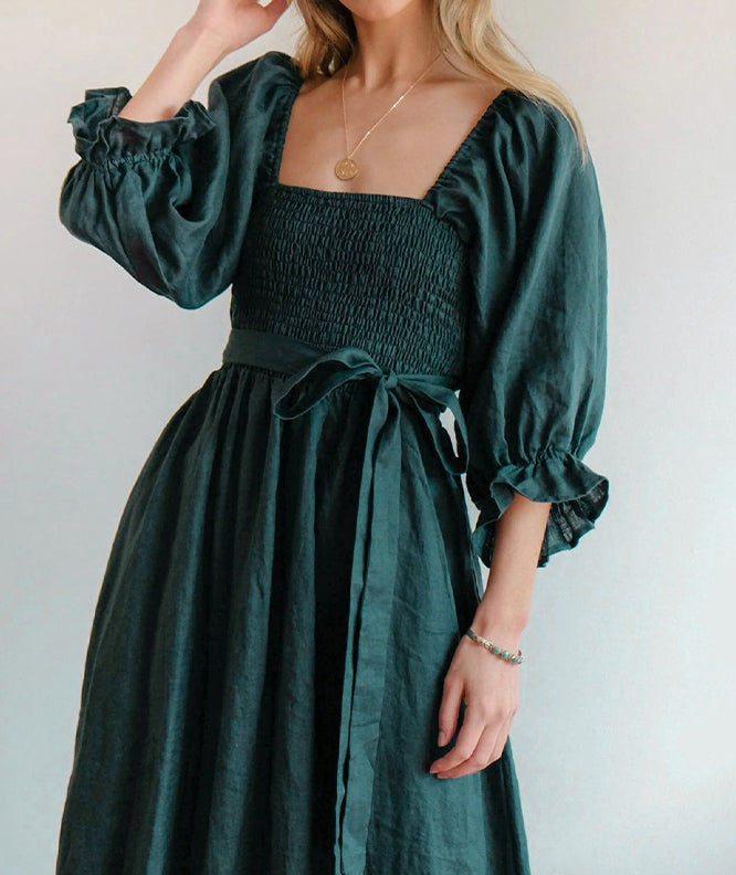 French Ruffled Lantern Sleeves Multi-wear Dress Green