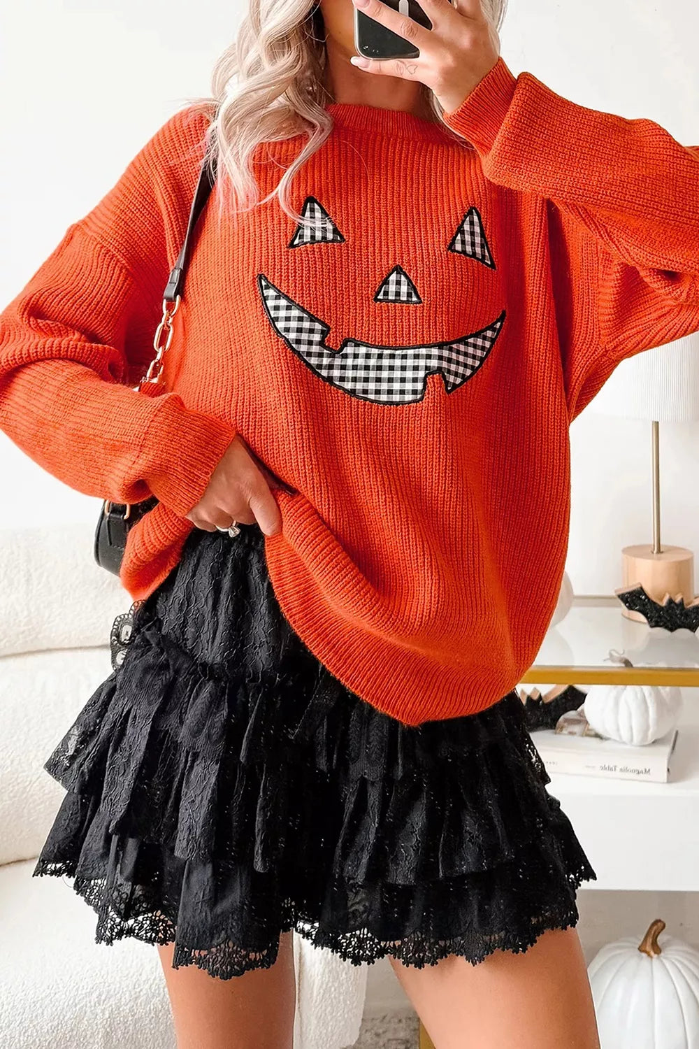 Drop Shoulder Long Sleeve Round Neck Halloween Sweater
