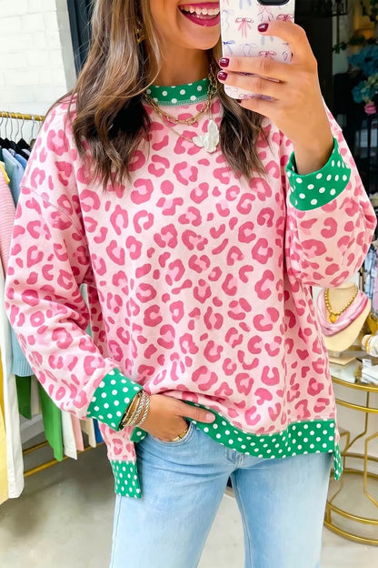 Leopard Polka Dot Trim Round Neck Sweatshirt