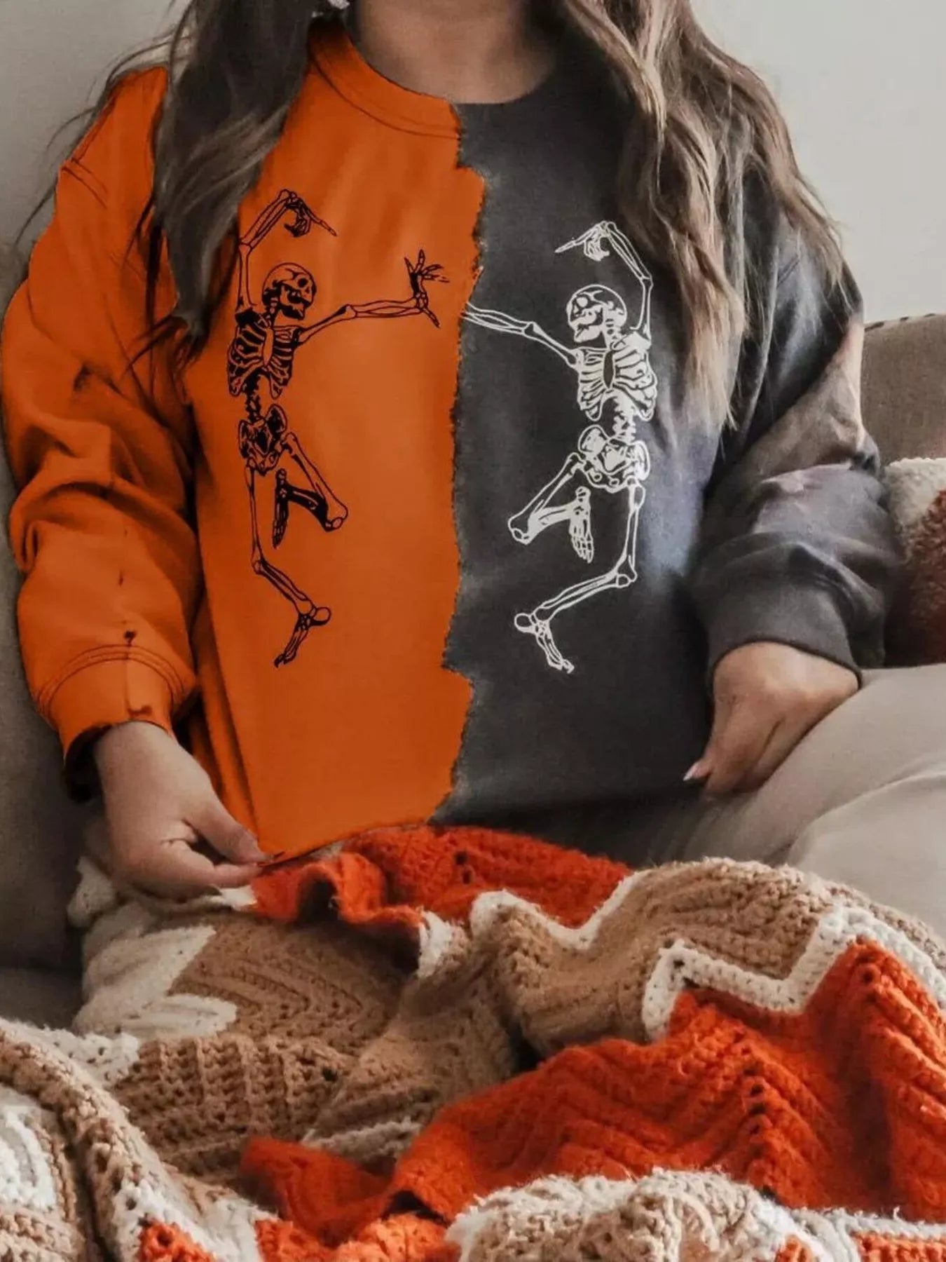 Halloween Skeleton Print Color Block Sweatshirt