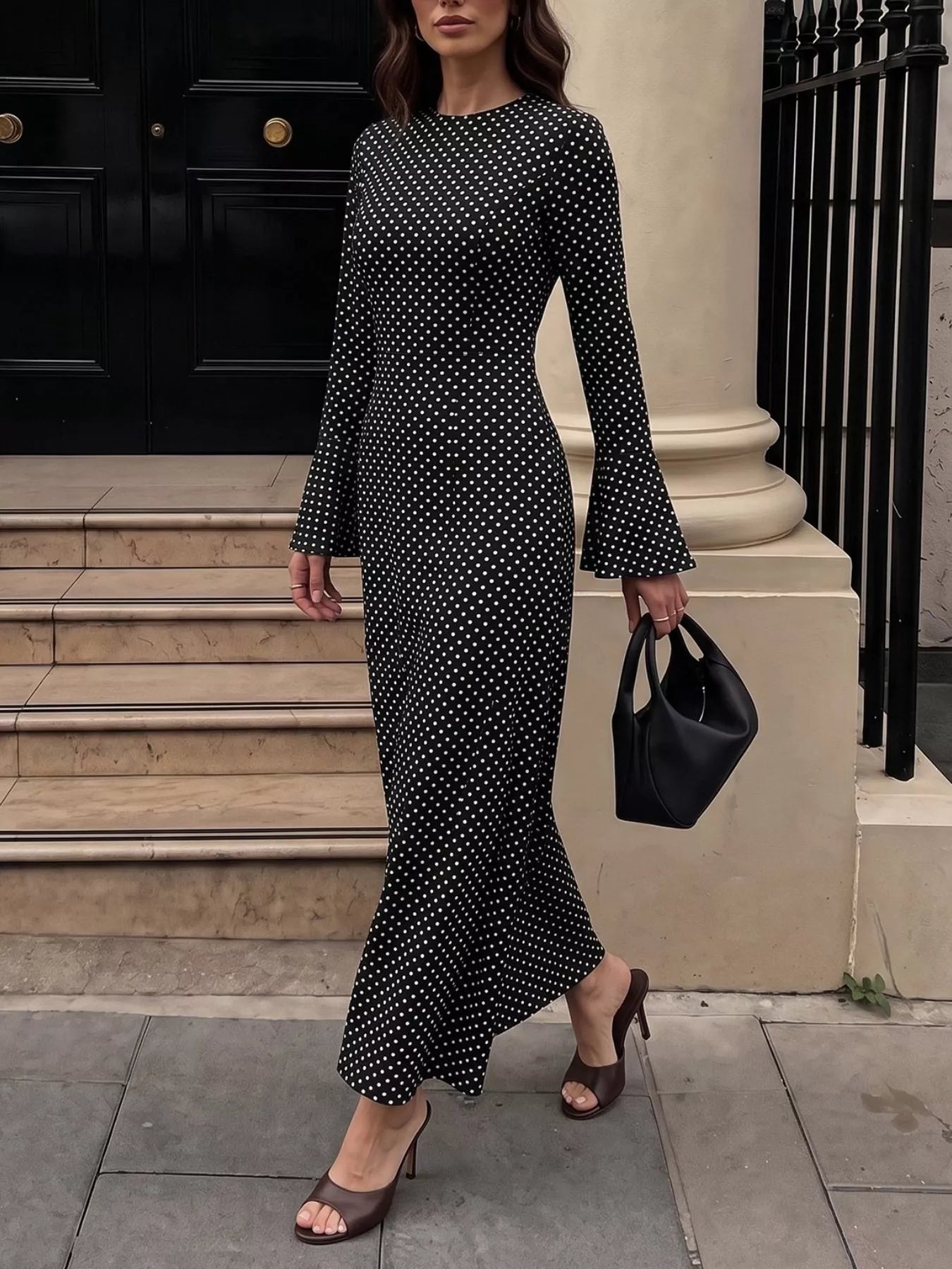 Polka Dot Flare Sleeve Maxi Dress
