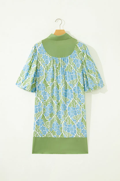 Sky Blue Floral Print Color Block Patchwork Shirt Collar Half Sleeve Mini Dress