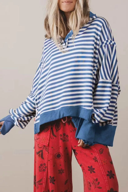 Stripe Color Block Trim Raw Seam Split Hem Loose Sweatshirt