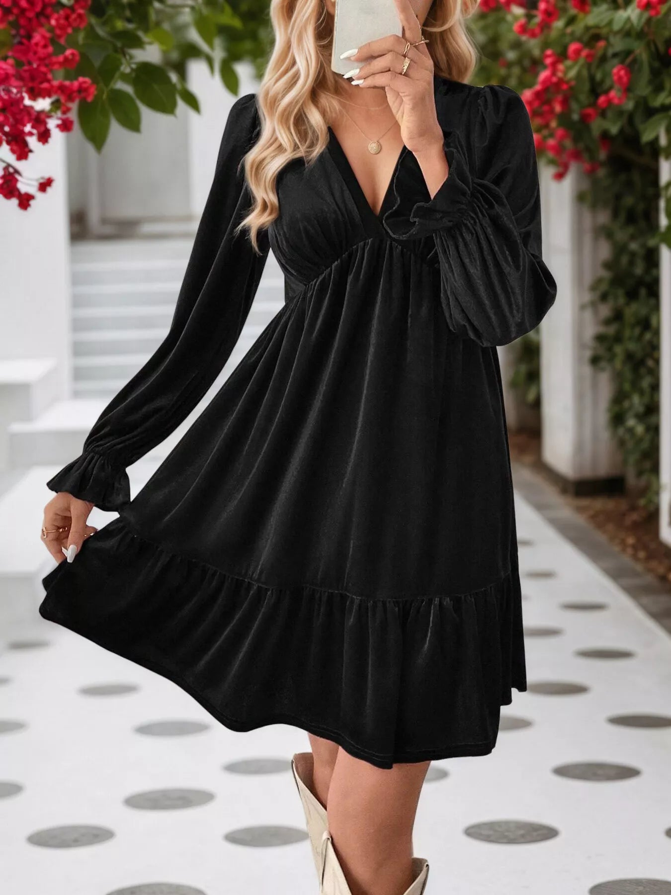 Velvet V-Neck Long Sleeve Ruffle Hem Mini Dress