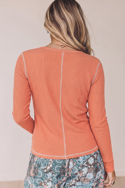 Banana Cream V Neck Ribbed Stitched Detail Long Sleeve Top