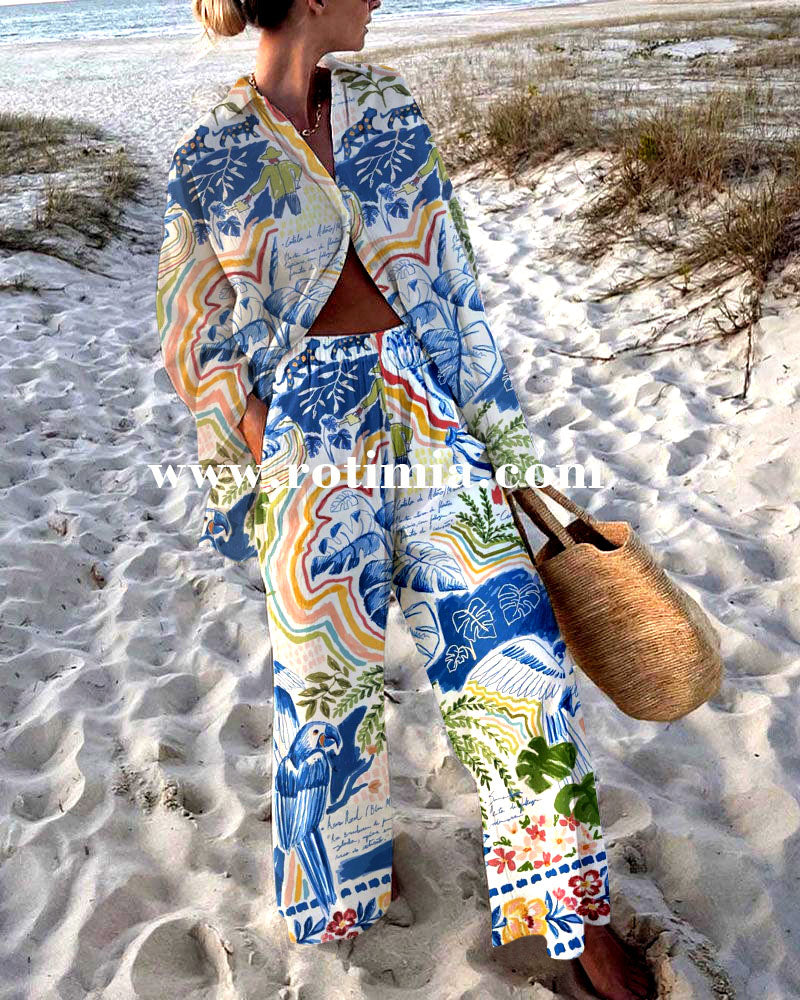 Parrot Graffiti Print Two -piece Suit