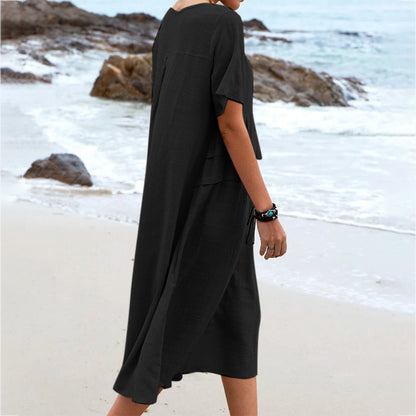 Round Neck Short Sleeves Mid-length Dress