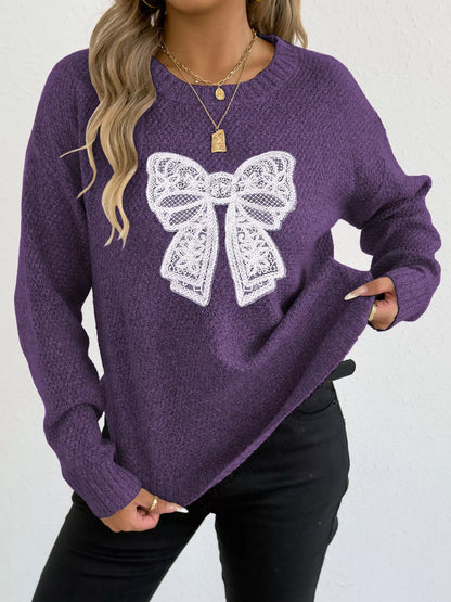 Lace Bow Embroidered Round Neck Sweater